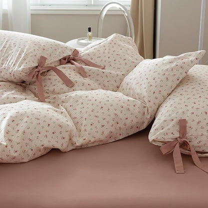 AOJIM Kids Floral Bedding Duvet Cover King Size, Soft Cotton Comforter Cover Set 3pcs for Adults, 1 Durable Duvet Cover 104x90'' with Zipper Closure and 2 Pillowcases with Bowknot, Machine Washable