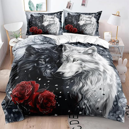 Kids Teens Bedding Cover Set Full Size 3 Pieces Soft Cozy Comforter Cover Set Vibrant Black and White Colors Wolf Print Red Rose Design Microfiber Duvet Cover Set,Full