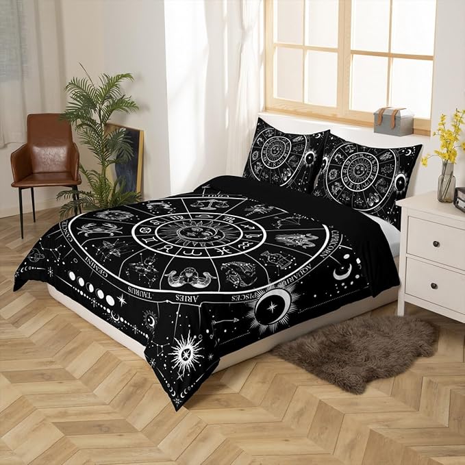 Sun Moon Duvet Cover Set Queen Size,Starry Galaxy 12 Constellations Bedding Set 3Pcs for Kids Boys Girls Woman Room Decor,Black White Exotic Comforter Cover Gothic Boho Quilt Cover,2 Pillowcases