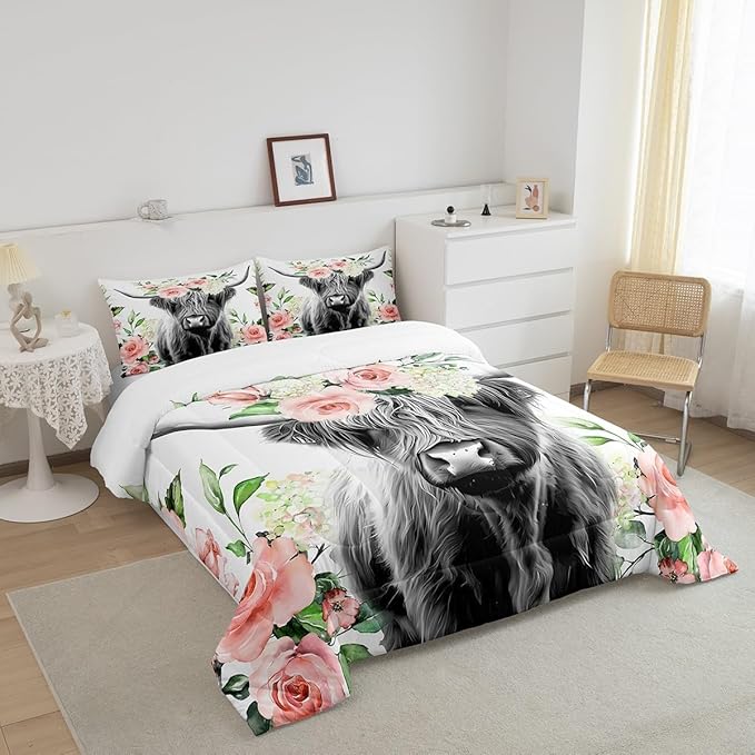 Feelyou Highland Cow Bedding Set Kids Rose Floral Bull Cattle Comforter Set for Girls Teens Western Wildlife Animal Comforter Farmhouse Duvet Set Room Decor Quilt Set Toddler Size