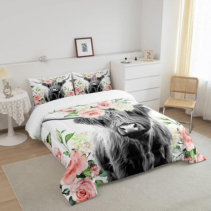 Feelyou Highland Cow Bedding Set Kids Rose Floral Bull Cattle Comforter Set for Girls Teens Western Wildlife Animal Comforter Farmhouse Duvet Set Room Decor Quilt Set Toddler Size