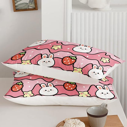 QOOMO Kawaii Rabbit Comforter,Strawberry Rabbit Comforter Set for Kids Teens Girls,3Pcs Bedding Set Printed Comforter with 2 Pillowcases,Down Alternative,Soft and Lightweight(Pink，Queen Size)