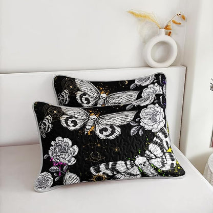 HOSIMA Death Moth Skull Heads Twin Size Quilt Set Horror Theme Halloween Bedding,Goth Bedding Set Floral Butterfly Print Boho Quilt for Room Decor with 2 Pillowcases.