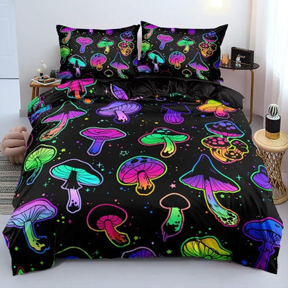 Mushroom Duvet Cover King Trippy Comforter Cover Aesthetic Bedding Set Colorful Bed Set Spring Mushroom Bedroom Decor