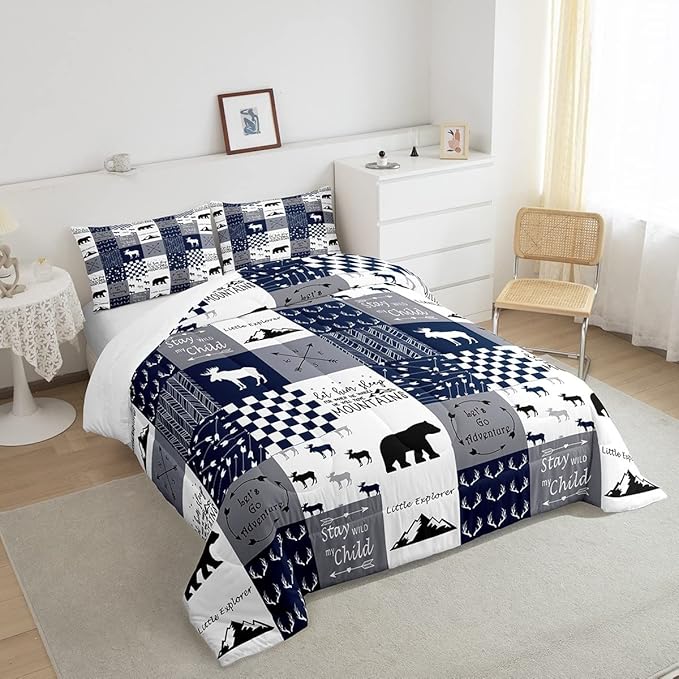 Feelyou Deer Moose Print Comforter Set for Girls Women Teens Adult, Kids Boys Bear Hunting Theme Bedding Set, 3D Wild Animal Comforter Soft Quilt Set,Blue with 1 Pillowcase 2Pcs Bedding Twin