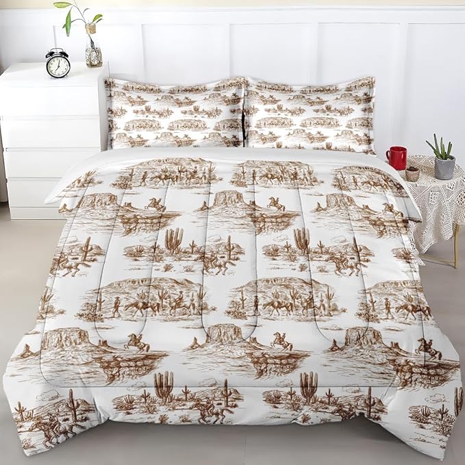 Twin Size Comforter Set with Pillowcase, American Desert Cowboy Horse Soft 2 Pcs Bedding for Kids and Adults, Western Country Vintage Comforter Set for Room Bedroom Bed Decor