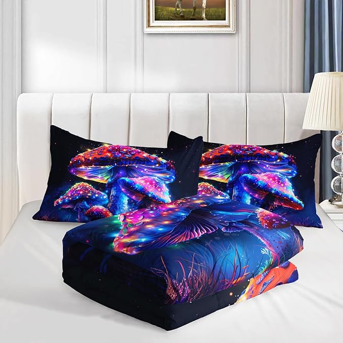 Luminescent Mushroom Comforter Set King Size,Natural Wild Fungus Bedding for Kids Boys Girls Room Decor,Wild Botanical Theme Bedding Sets with 2 Pillowcases.
