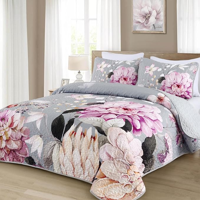 Drucon Floral Quilt Queen Size - 3 Pieces Grey Quilt Botanical Bedspread Soft Lightweight Flower Bedding Set for All Season (96"x90")