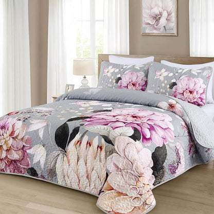 Drucon Floral Quilt Queen Size - 3 Pieces Grey Quilt Botanical Bedspread Soft Lightweight Flower Bedding Set for All Season (96"x90")