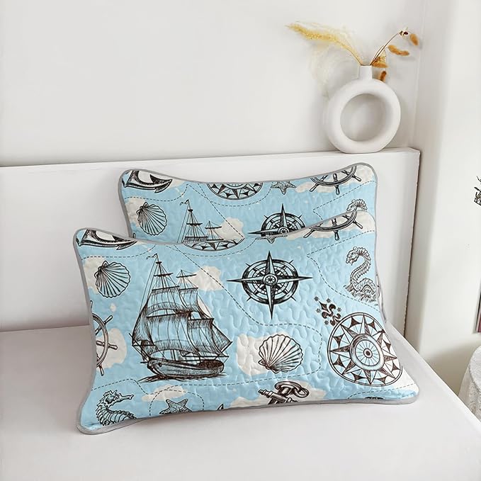 QOOMO Voyage Quilt Set King Size,Navigate Bedspread Coverlet Set,Anchor 3Pcs Bedding Set Printed Quilt with 2 Pillowcases,Soft and Lightweight,for All Seasons