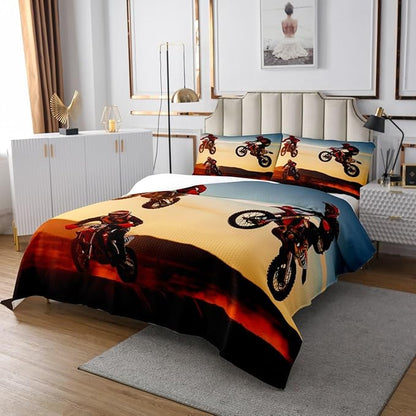 Feelyou Boys Motocross Rider Quilted Coverlet for Kids Adults Extreme Sports Theme Coverlet Set Motorcycle Pattern Bedspread Cool Dirt Bike Beding Collection Room Decor Twin Size