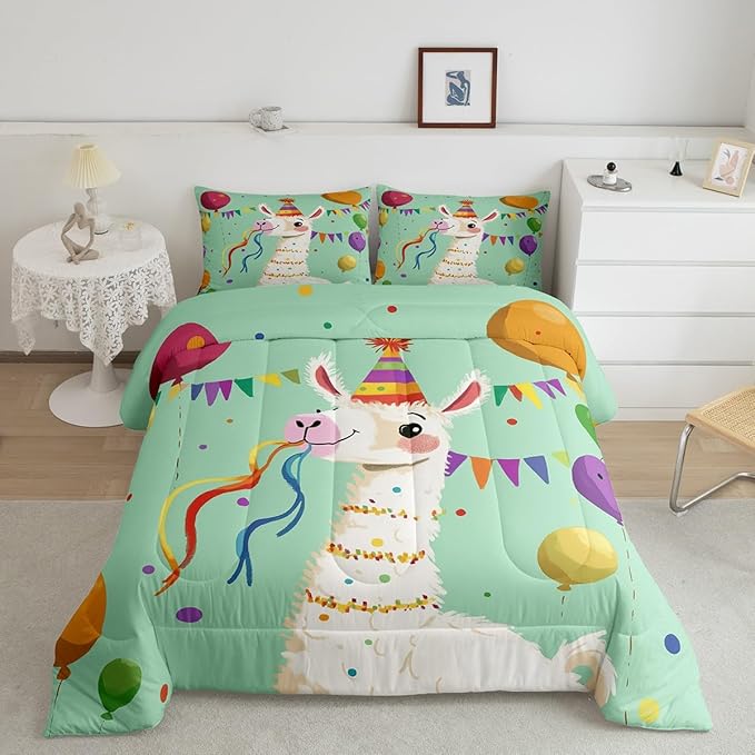 Funny Alpaca Bedding Set King Size Cartoon Wild Animal Comforter for Child Teens Colorful Balloons Dots Down Comforter Geometric Triangle Flag Duvet Insert with 2 Pillowcases
