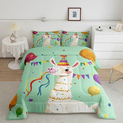 Funny Alpaca Bedding Set Toddler Size Cartoon Wild Animal Comforter for Child Teens Colorful Balloons Dots Down Comforter Geometric Triangle Flag Duvet Insert with 1 Pillowcase