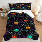 Cute Pet Cat Comforter Full Bedding Sets,Halloween Pumpkin Lantern Stars Pattern Comforter Sets for Toddler Kids Room Decor,Colorful Neon Lights 3Pcs Bed Set with 2 Pillowcases.