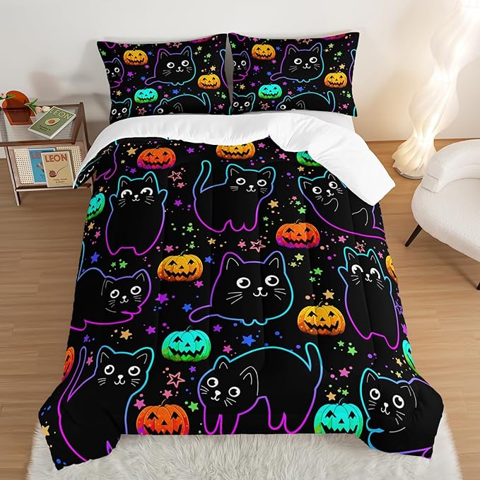Cute Pet Cat Comforter Twin Bedding Sets,Halloween Pumpkin Lantern Stars Pattern Comforter Sets for Toddler Kids Room Decor,Colorful Neon Lights 3Pcs Bed Set with 2 Pillowcases.