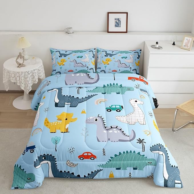 Castle Fairy Cute Car Kids Comforter Set Twin Size,Kawaii Dino Colorful Wild Animal Bedding Set for Kids Boys Men,Cartoon Dinosaur Rainbow Sketch Blue Quilted Duvet Set with 1 Pillowcase