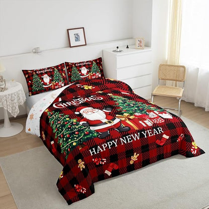 Merry Christmas Comforter Set,Xmas Santa Claus Christmas Tree Bedding Set for Kids Boys Girls,Red Gingerbread Stocking Duvet Insert,Vintage Gird Holiday Down Comforter with 2 Pillowcases,Queen