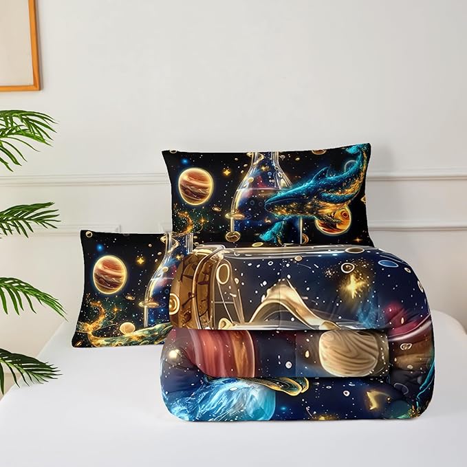 Galaxy Queen Bed Comforter Set，Queen Size Kids Bedding Set Ocean Theme Boys，Outer Space Quilt Queen Size，with 1 Comforter with 2 Pillow Case