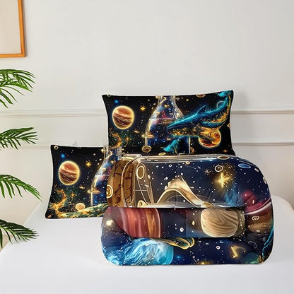 Galaxy Queen Bed Comforter Set，Queen Size Kids Bedding Set Ocean Theme Boys，Outer Space Quilt Queen Size，with 1 Comforter with 2 Pillow Case