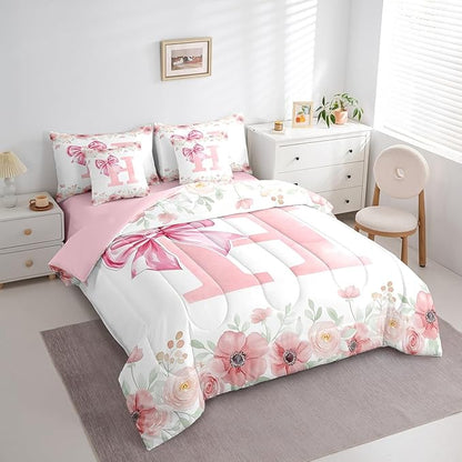 Erosebridal Alphabet H Bed in A Bag, Initial Letter H Bowknot Bedding Sets Twin Size for Kids Girls, Kawaii Girly Princess Bed Set Bedroom Decor Flower Floral Spring Comforter Set with Sheets