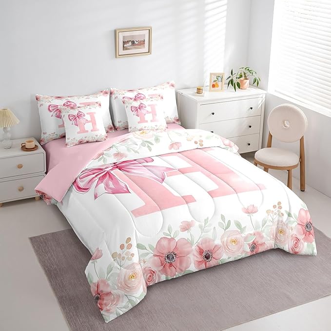 Erosebridal Alphabet H Bed in A Bag, Initial Letter H Bowknot Bedding Sets King Size for Kids Girls, Kawaii Girly Princess Bed Set Bedroom Decor Flower Floral Spring Comforter Set with Sheets