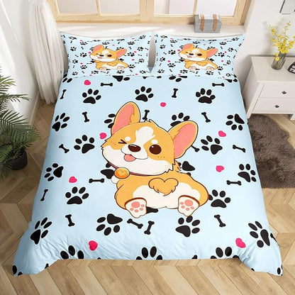 Cute Corgi Duvet Cover Set King Size,Cartoon Dog Footprint Bones Bedding Set 3pcs for Kids Boys Girls Room Decor,Smiling Doggy Comforter Cover Family Paw Quilt Cover with 2 Pillowcases,Blue