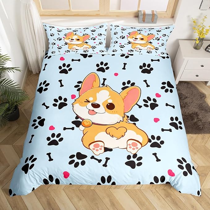 Cute Corgi Duvet Cover Set Twin Size,Cartoon Dog Footprint Bones Bedding Set 2pcs for Kids Boys Girls Room Decor,Smiling Doggy Comforter Cover Family Paw Quilt Cover with 1 Pillowcase,Blue