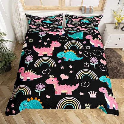 Lovely Dino Duvet Cover Set King Size,Cute Rainbow Floral Love Heart Reversible Comforter Cover with 2 Pillowcases,Pink Black Dinosaur Kawaii Animal Microfiber Quilt Cover Set (NO Comforter)