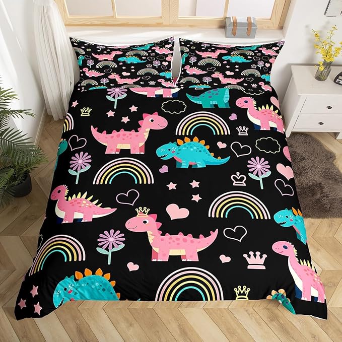 Lovely Dino Duvet Cover Set Toddler Size,Cute Rainbow Floral Love Heart Reversible Quilt Cover for Kids Boys Girls Pink Black Dinosaur Kawaii Animal Bedding Set with 1 Pillowcase,No Comforter