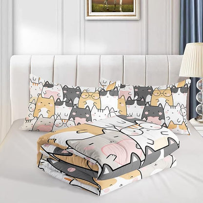 QOOMO Kawaii Cat Comforter King Size,Cats Bedding Set for Kids Teens Girls Boys,3Pcs Bedding Set Printed Comforter with 2 Pillowcases,Down Alternative,Soft and Lightweight，King Size