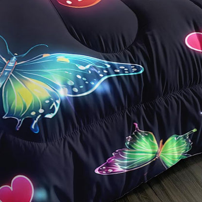Colorful Gradient Butterfly Comforter 3Pcs Queen Tie-Dye Heart Pattern Bedding Set for Kid Teen Girl Boy Adult Sparkling Aesthetics Butterfly Quilt Bed Decor with 1 Comforter and 2 Pillowcases