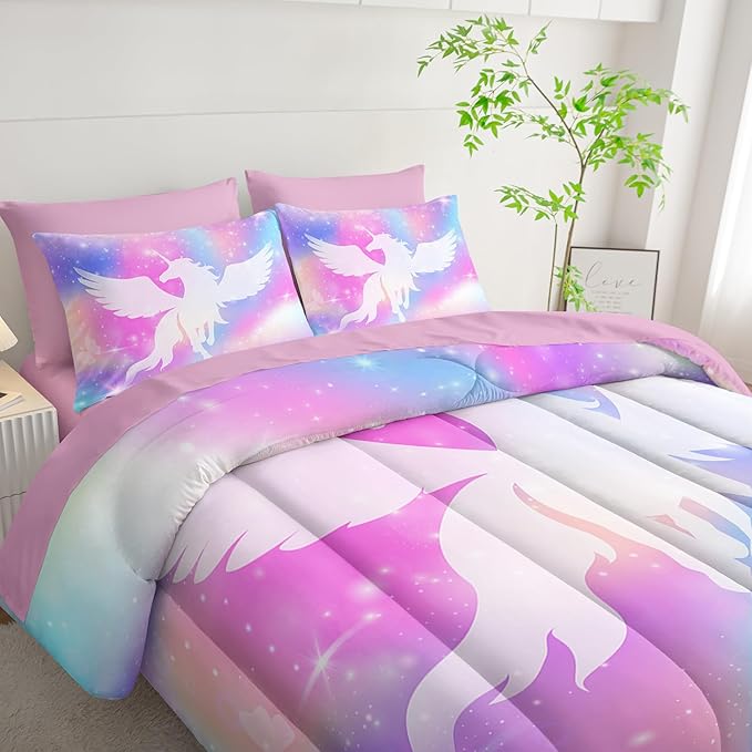 Galaxy Unicorn Bedding Set Twin - Unicorn Comforter Set (7 Piece) - Pegasus Galaxy Kids Bedding, Pink Purple Blue Girls Quilt Set, All Season Microfiber Bed Set with Shams, Flat/Fitted Sheet