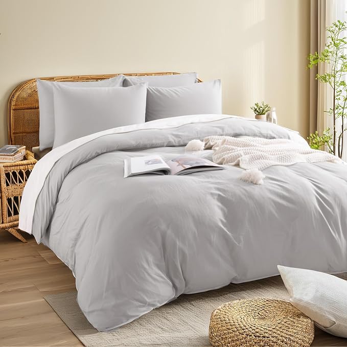 NEXHOME PRO Duvet Cover Set California King Linen Look Textured Organic Natural 100% Washed Cotton Duvet Cover 3 Pieces Bedding Set with Zipper Closure, Breathable, Soft, Light Grey (No Comforter)