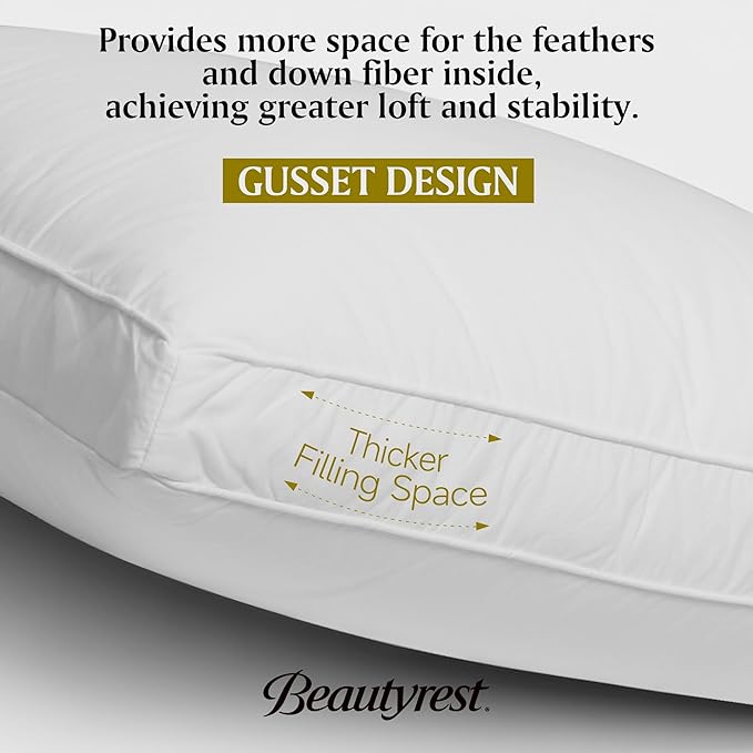 Beautyrest Goose Feather Down Fiber Gusseted Pillows, Hotel Pillow Luxury Bed Pillows, 100% Cotton Cover, King Size Set of 2