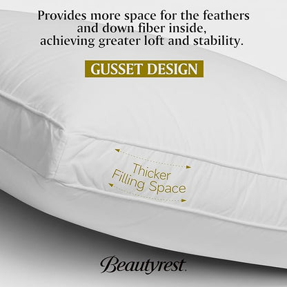 Beautyrest Goose Feather Down Fiber Gusseted Pillows, Hotel Pillow Luxury Bed Pillows, 100% Cotton Cover, Jumbo Size Set of 2