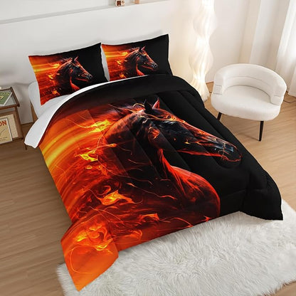 Western Bedding Horse Comforter Sets,Animal Printed Bed Set Queen Size for Kids Teens Room Decor,Horse Orange Flames Pattern Comforter for Boys Bedding Set with 2 Pillowcases.