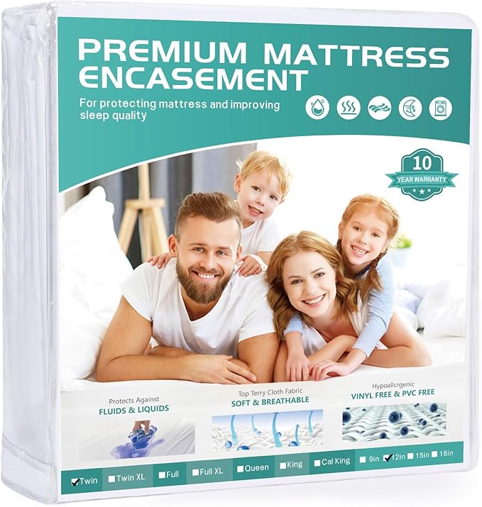 39x75 Twin Waterproof Mattress Protector Fits 9-12" Deep, Zippered Mattress Encasement Cover, WINKAURA Premium Washable Terry Top Fabric Mattress Pad Cover