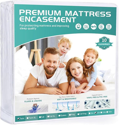 39x75 Twin Waterproof Mattress Protector Fits 9-12" Deep, Zippered Mattress Encasement Cover, WINKAURA Premium Washable Terry Top Fabric Mattress Pad Cover