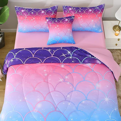 6Pcs Meimaid Scale Comforter Set with Sheets for Teens Girls Kids, Colorful Gradient Glitter Themed Bed in a Bag Full Size, Pink Blue 3D Sparkly Scale Bedroom Decor Bedding Set
