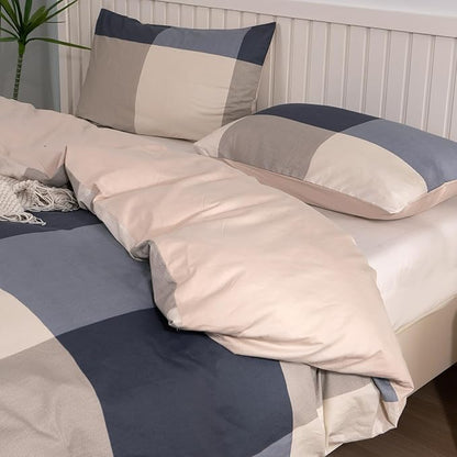 Duvet Cover Queen Plaid 100% Brushed Microfiber Reversible 3 Pieces Bedding Set Vintage Style Checkered Pattern Geometric Queen Duvet Cover Set with Zipper Closure Luxury Soft Breathable Comfy