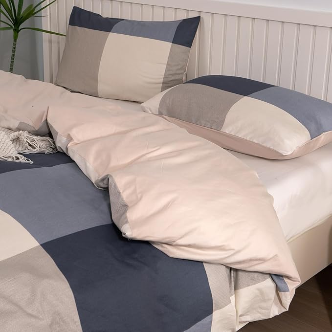 Jane yre King Duvet Cover Set Plaid 100% Brushed Microfiber Reversible 3 Pieces Bedding Set Vintage Style Checkered Pattern Geometric Duvet Cover King with Zipper Closure Luxury Soft Breathable Comfy