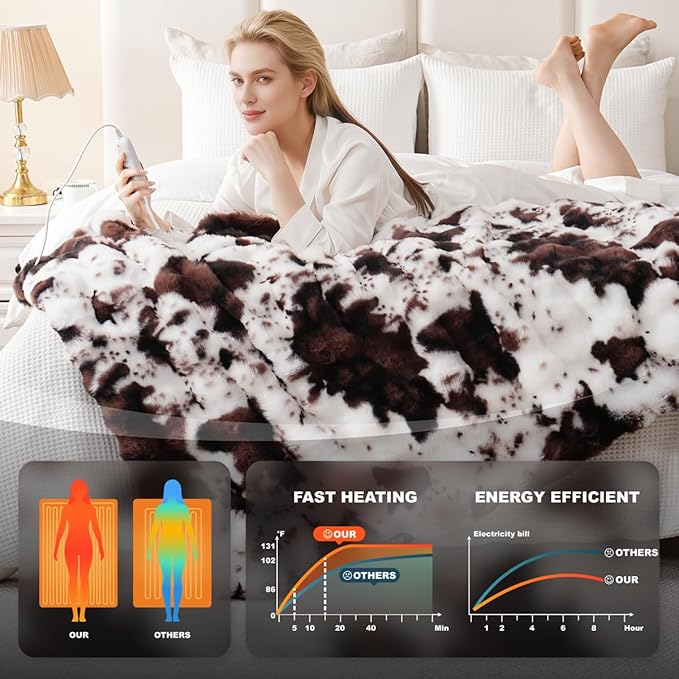 Cow Print Heating Throw Blankets Luxurious Western Soft Bubble Faux Rabbit Fur 8 Heat Settings Overheat Protection Quick Heating Electric Heated Blanket 50"x60"(Brown)