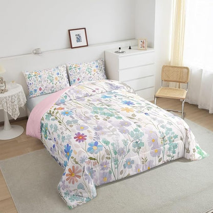 Erosebridal Colorful Floral Full Bedding Sets for Girls Boys Kids,Green Blue Cute Flower Comforter Set Boho Home Decor,Watercolor Wildflower Quilt Bed Set Wild Flowers Bed Comforter Set 3Pcs