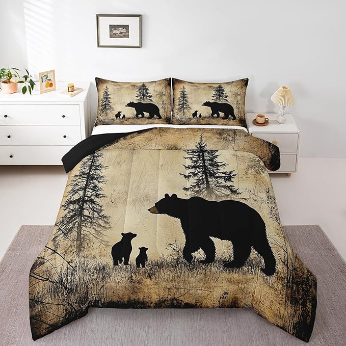 Feelyou Bear Bedding Set Queen Size Kids Rustic Cabin Country Comforter Cover for Boys Girls Teens Wild Animal Brown Beige Duvet Cover Breathable Soft Lightweight Microfiber Quilt Set