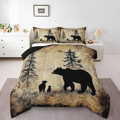 Feelyou Bear Bedding Set King Size Kids Rustic Cabin Country Comforter Cover for Boys Girls Teens Wild Animal Brown Beige Duvet Cover Breathable Soft Lightweight Microfiber Quilt Set