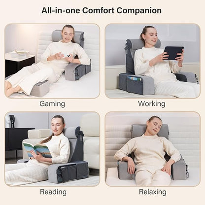 Vekkia 21" Reading Pillow for Sitting in Bed – 60° Ergonomic Wedge Back Pillow, XL Side Pockets, Removable Cover, Support Chair for TV, Gaming, Working, Nursing, Recovery in Bed/Floor,Lightweight