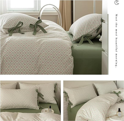 AOJIM Exquisite Kids Adults Duvet Cover Set with Plaid and Pink Floral Pattern, 100% Cotton Bedding Comforter Cover 3pcs, 1 Twin Size Quilt Cover 68x86 and 2 Pillowcases 20x26 with Bow Ties,No Quilt