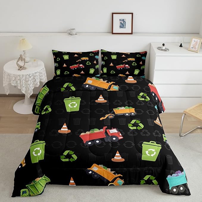 Erosebridal Full Size Garbage Truck Comforter Set for Boys Girls Kids Cartoon Car Vehicles Bedding Comforter Sets Trash Can Waste Management Vehicle Duvet Set Refuse Classification Quilt 3 Piece