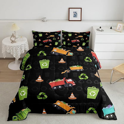 Erosebridal King Size Garbage Truck Comforter Set for Boys Girls Kids Cartoon Car Vehicles Bedding Comforter Sets Trash Can Waste Management Vehicle Duvet Set Refuse Classification Quilt 3 Piece