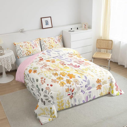 Erosebridal Boho Floral Queen Comforter Set for Kids Girls Women,Cute Colorful Flowers Bedding Set Rustic Country Home Decor,Bohemian Wild Flower Quilt Bed Set Watercolor Bed Comforter Set 3Pcs